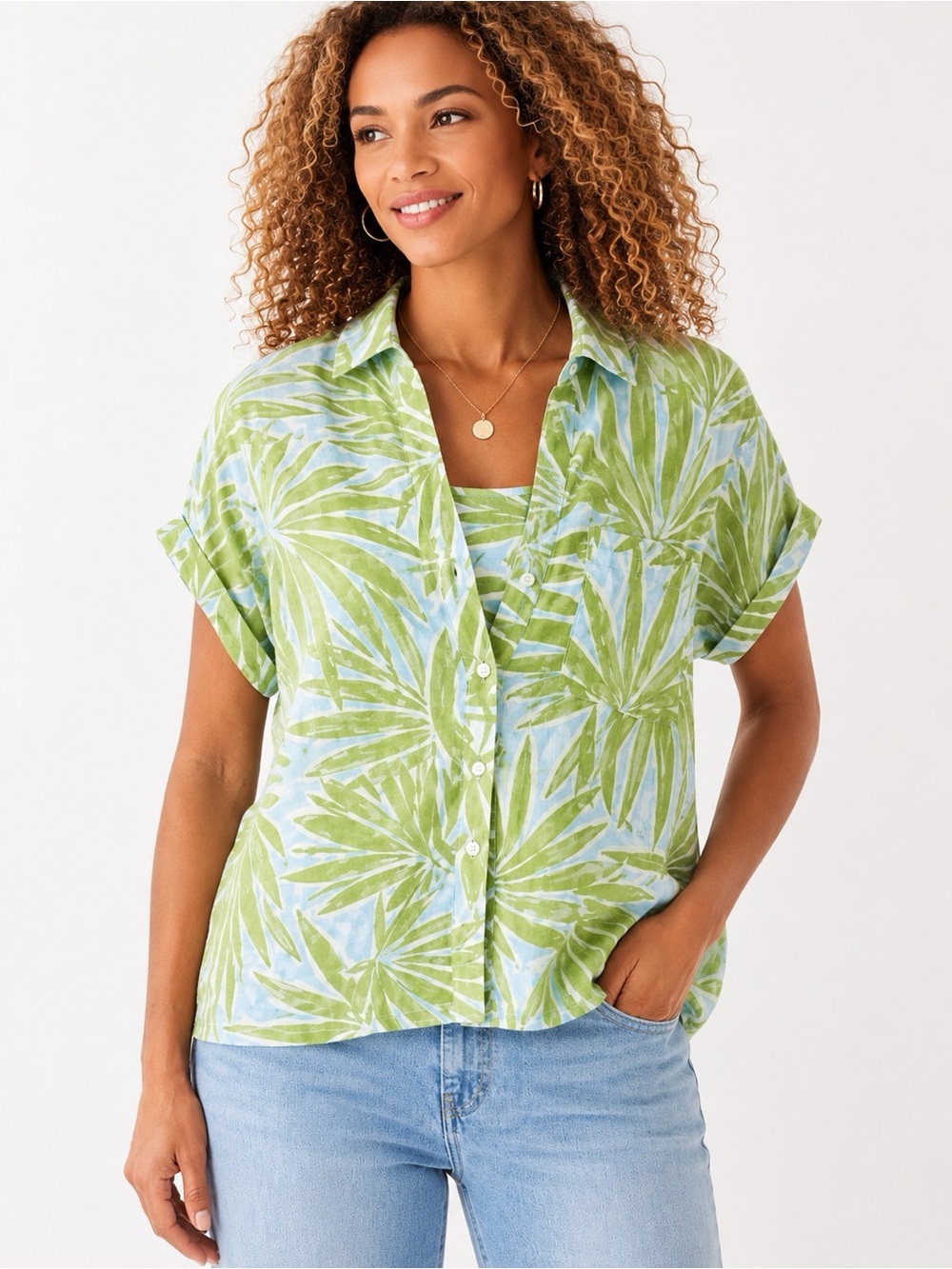 Sigrid Olsen Set 100% Linen Tropical Leaf Shirt & Tank Blue Green Women Size S